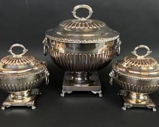 Three silver over copper Regency style tureens