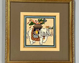 Framed needlepoint elephant panel