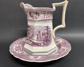 Purple transferware pitcher and bowl