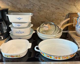 The blue and white Corning Ware is sold.