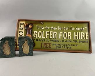 Lot 245 | Marble Gold Bookends and Golf Sign

