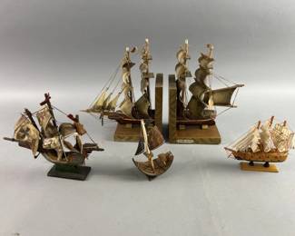 Lot 460 | Ship Bookends, Shell Ship & More
