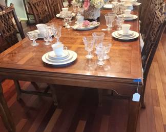 Chinese Chippendale Burl Walnut Dining Table and Eight Chinese Chippendale Chairs