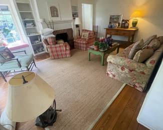 10 x 14 jute rug, couch, chairs, wood coffee table