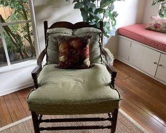 Arm Chair, faux plant, assorted throw pillows 