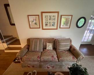 Assorted artwork. Couch, throw pillows, & misc homegoods 