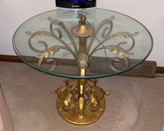 70s style gold metal and glass top side table
