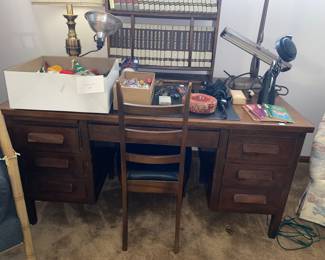 Wood office desk , lamps, encyclopedia set