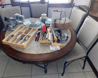 Round wood and marble kitchen table and 4 chairs