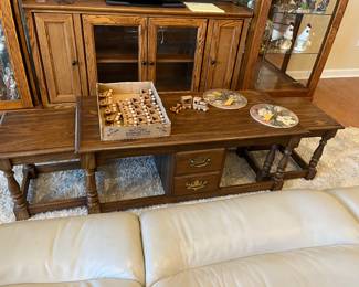 Multi use coffee table. Little stools slide under for storage or pull out for use.