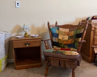 Oak nightstand, vintage wood chair with patchwork cover