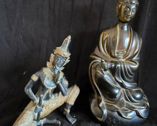 Thai bronze statue of a musician and bronze seated Guanyin
