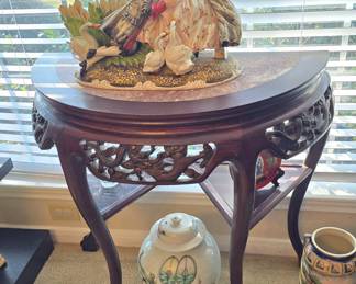 Chinese demilune (half-moon) carved dragon design table with marble top and triangular bottom shelves