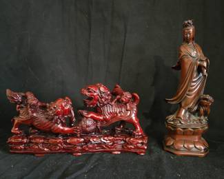 Vintage Chinese Foo Dog figurine and Suar Wood Buddhist Goddess Sculpture 