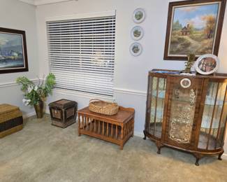 a few accent storage boxes, a crate-themed bench/toy box/coffee table, vintage curio and more