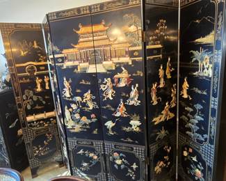 Incredible 6-panel wood screen with raised characters and superb detail.  