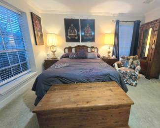 queen-sized bedroom set includes headboard, mattress & box spring, bedframe, 2 nighstands, triple dresser with mirror.  Also shown are an antique wardrobe and beautiful Asian wall plaques/pictures