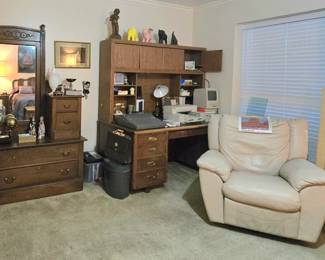 Antique gentleman's chest, vintage lamps, lots of interesting and beautiful decor items, a desk and office supplies