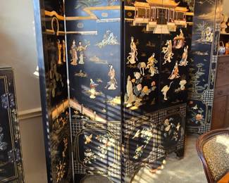 Amazing 6-panel, wood Asian screen with raised figures and beautiful design