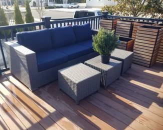 Patio couch by modway furniture with navy Sunbrella cushions; 4 patio stools/cocktail tables