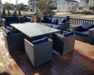 Patio dining set by modway furniture seats 6; Sunbrella navy cushions 