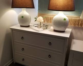 Stylish 3-drawer dresser; table lamps; mirrored tray by West Elm