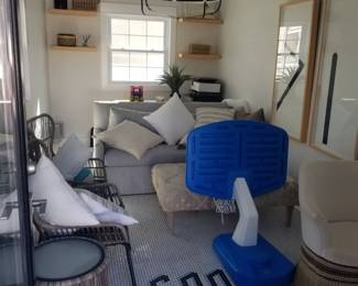 Poolhouse furniture & decor; fabulous light fixture