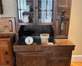 Antique kitchen cabinet with zinc lined dry sink, tilt out flour bin, pull out dough board and tilt out potato bin.