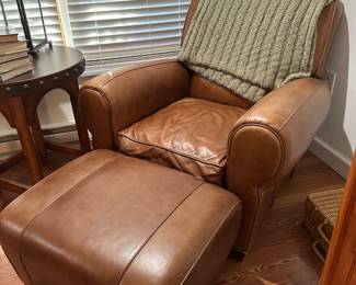 Pair, Pottery Barn 'Manhattan' leather chairs with ottoman