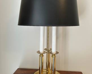 Vintage brass Bouillotte three light table lamp with tole shade