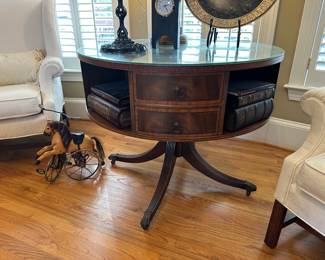 Vintage rotating leather top library drum table