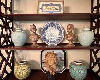 One of two available mahogany shelves with wonderful decorative items.