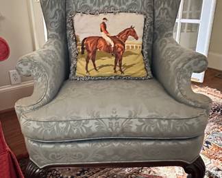 Hickory Chair Company, blue damask wingback chair.  One of two available shown.  Needlepoint pillow of esquestrian scene separately available.