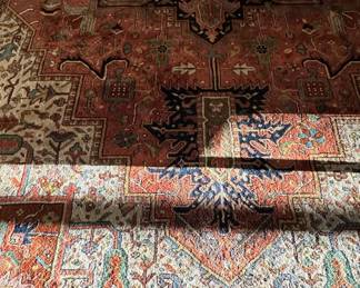 Sunlight brings out the colors of this hand woven 18' by 11' wool rug from Pande Cameron of NY.  Closer view of the center of this rug in next picture.  Same rug was also shown in first picture.