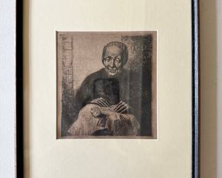 Etching of elderly woman possibly by Samuel Rosenberg.