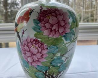 Chinese lidded porcelain jar with peonies and bird.  Opposite side with script shown in next picture.