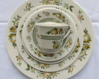 Royal Doulton "Tonkin" five-piece setting for twelve plus oval vegetable bowl and serving platter.