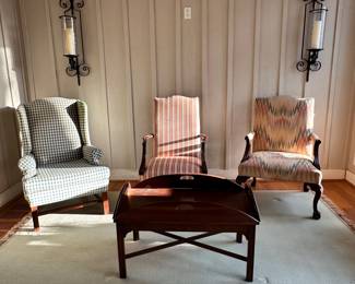 Butler's tray table, chairs and pair of wrought iron sconces available for sale.