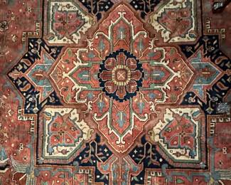 Center design details of Pande Cameron (NY) hand woven 18' by 11' wool rug.