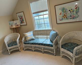 Vintage wicker sofa, chair, and rocker