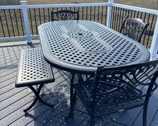 Wrought Iron Patio Set - Oval Table - Chairs - Bench