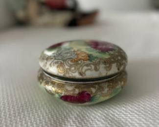 Vintage Hand painted Porcelain Brass Hinged purse Pill Box