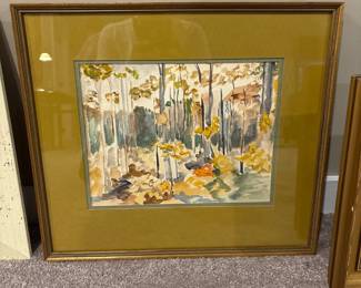 watercolor painting fall landscape birch trees