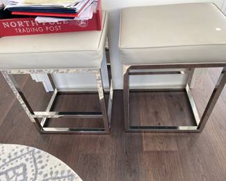 Crate & Barrel Leather White & Stainless Steel Cushioned Bar Stools