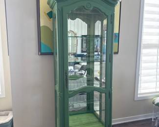 painted green curio cabinet