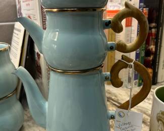 MacKenzie Childs Camp Victoria & Richard Blue Enamel 4 piece Tea Coffee Set - RARE