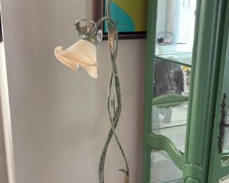 Art Nouveau Style Floor Lamp with distressed green patina and upward-facing shades shaped like stylized flower blossoms
