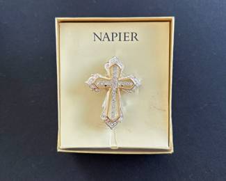Napier Rhinestone and Gold Cross Pin