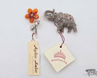 908  Sterling Silver Flower  Elephent Pins, 22.71g 