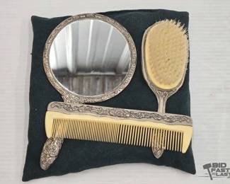 1917  3Piece Silver Plated Vintage Vanity Set 